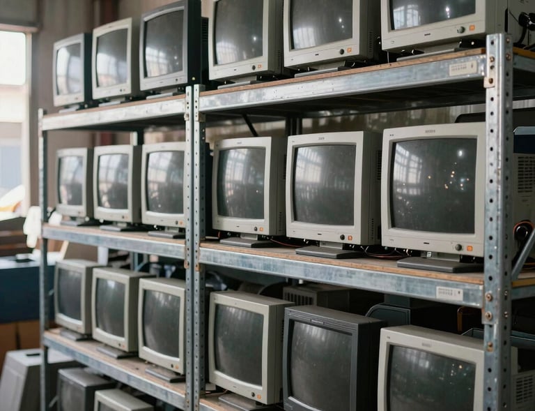 Rows of decommissioned desktop monitors, CPUs, and electronic scrap neatly categorized on steel industrial shelving inside a recycling depot in a South Asian / Indian town. Balanced day lighting.