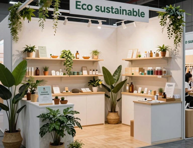 An elegant exhibition booth featuring modern branding and vibrant green accents matching the company palette.