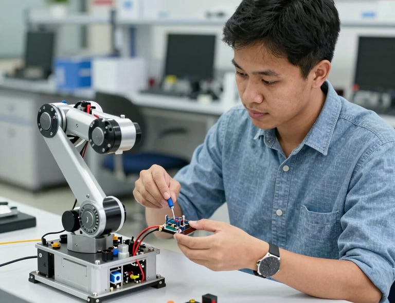 A group of professionals engaged in a hands-on technical workshop, surrounded by modern tech devices.