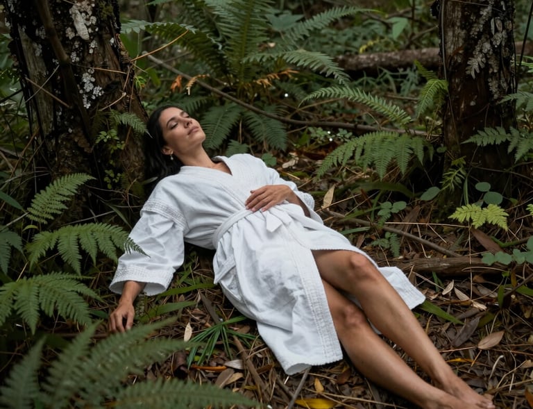 A calm client lying down with eyes closed during a past life therapy session, surrounded by subtle green and gold accents.