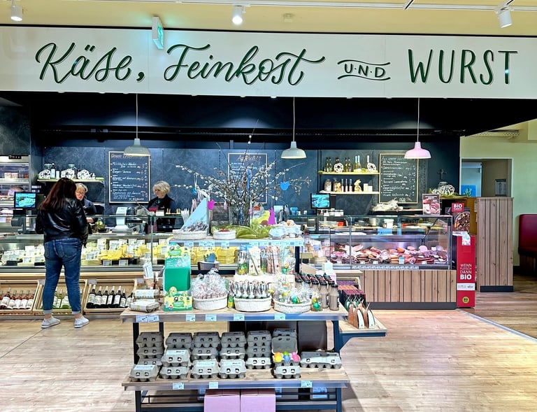 A gourmet deli counter featuring cheese, charcuterie, and specialty sausages inside a German grocery store.