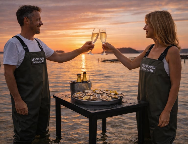 couple dégustant des huîtres et trinquant au champagne au coucher de soleil dans un cadre d’ostréicu