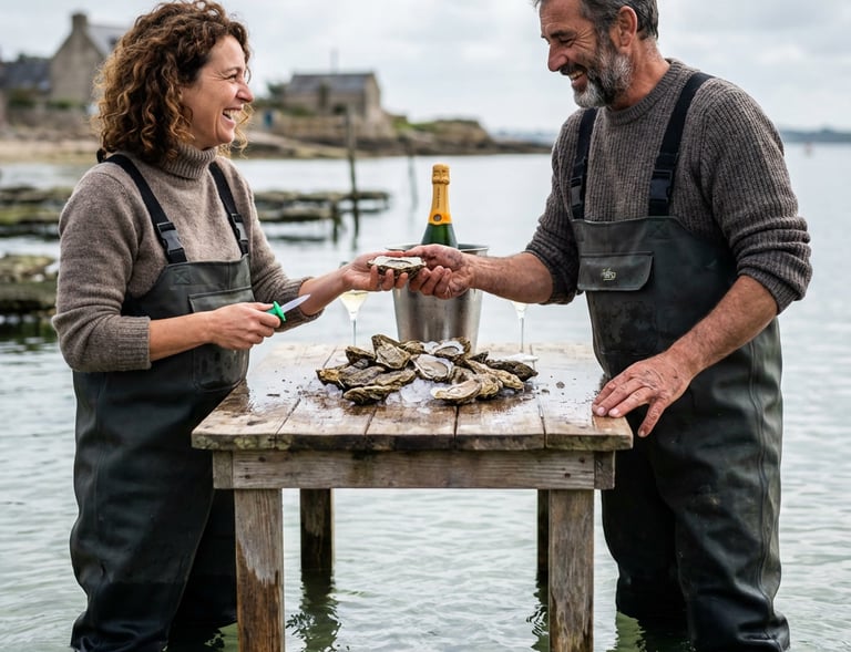 moment de dégustation d’huîtres et champagne à marée basse dans un cadre ostréicole naturel