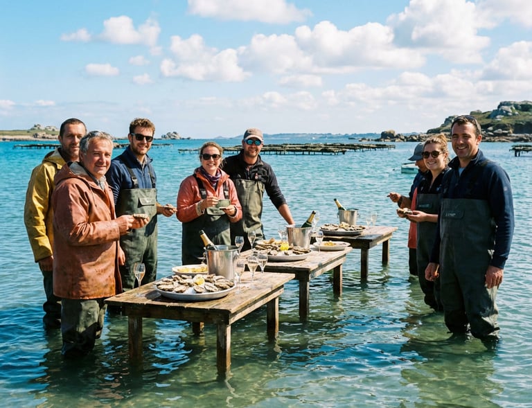 petit groupe participant à une expérience d’ostréiculture immersive dans les parcs à huîtres bretons