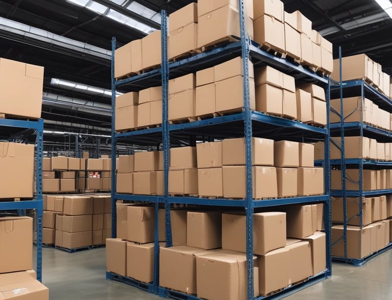 Close-up of hands scanning barcodes on wholesale products in a well-organized storage area.