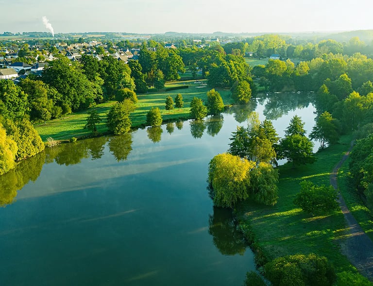 Vue aérienne d'un étang paisible traversant un parc verdoyant près d'un quartier résidentiel au l