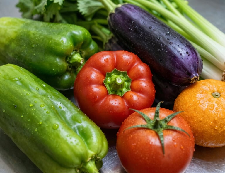Close-up of fresh, vibrant vegetables arranged neatly on a sleek white surface.