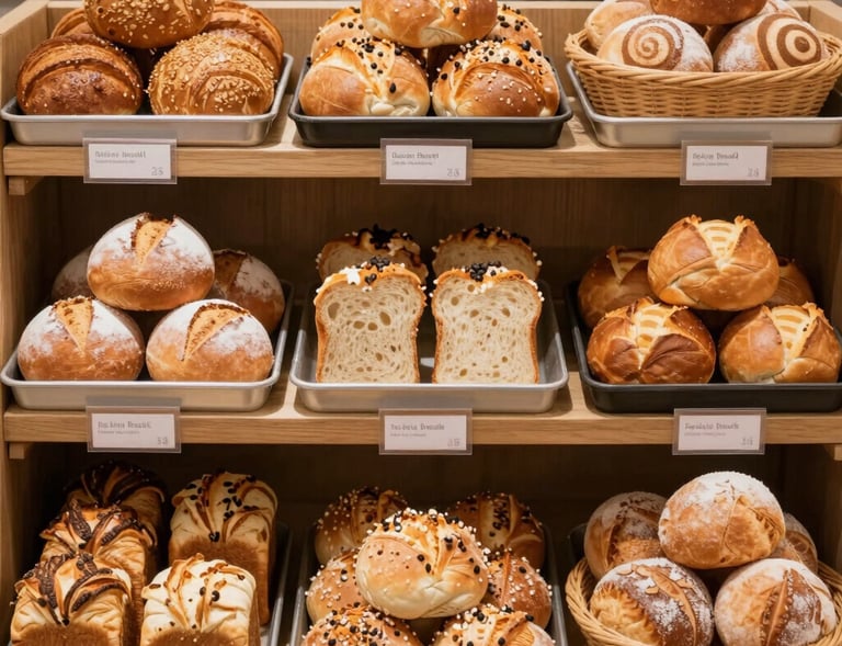 Minimalist display of assorted artisan breads on a rustic wooden board.