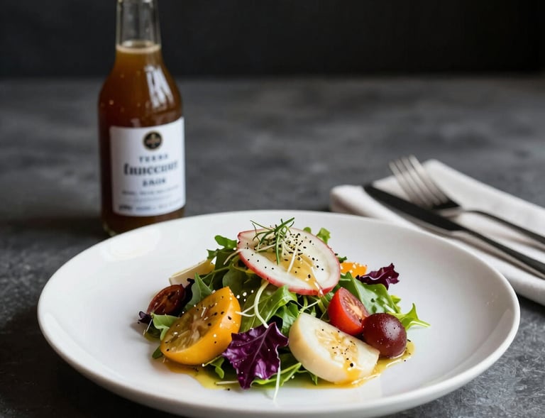 Elegant plating of a colorful salad with edible flowers and microgreens.