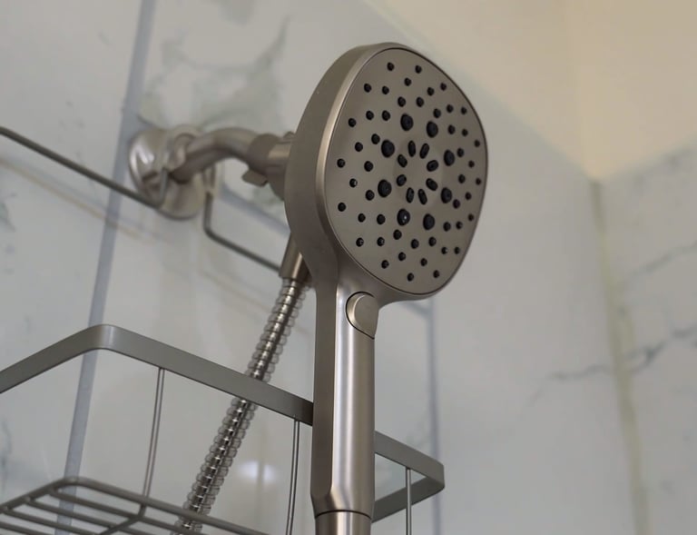 Senior care modern bathroom with white tiles, comfortable shower heads.