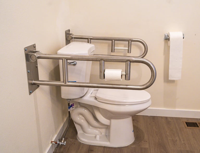 Accessible washroom in adult family home with grab bars, sink, and non-slip flooring.