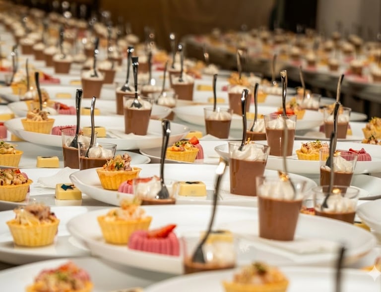 Elegant catered dessert assortment with chocolate mousse cups and fruit tarts on banquet plates.