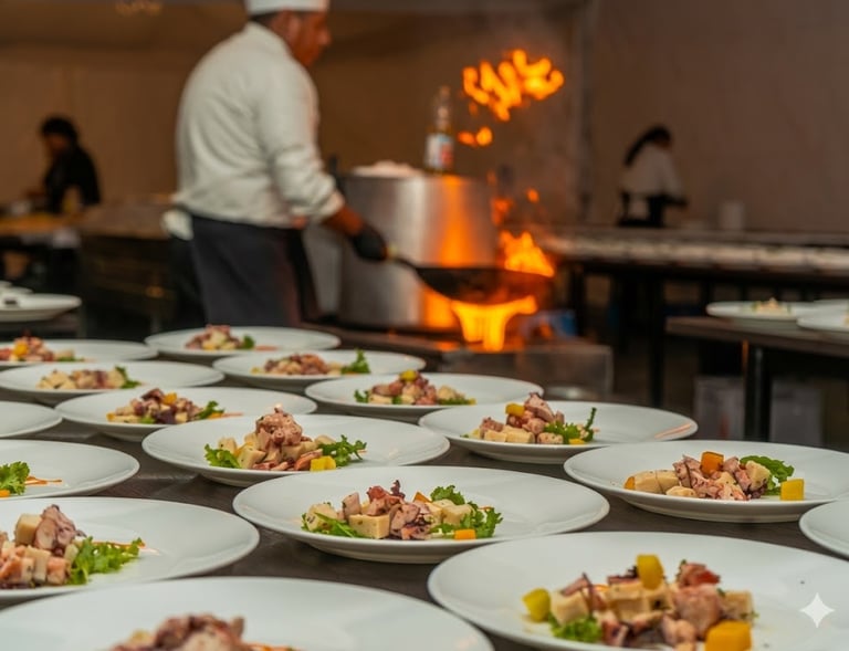 Professional chef preparing gourmet octopus salad plates in a restaurant kitchen with a stove fire.