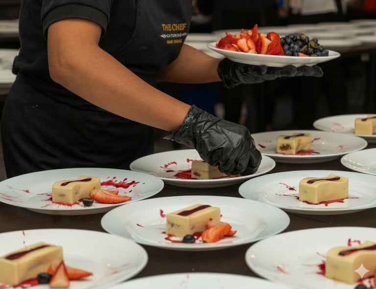 Professional chef plating gourmet desserts with fresh strawberries and berry sauce for event catering.