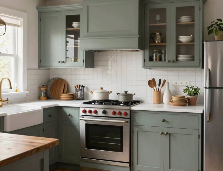 A cozy farmhouse kitchen featuring rustic wooden beams, open shelving, and a vintage stove.