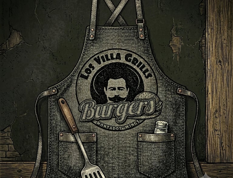 Un delantal de mezclilla vintage para barbacoa con el logotipo de Los Villa Grills Burgers.