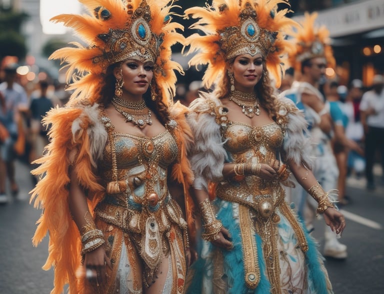 A vibrant street scene during a cultural festival with colorful costumes and lively music.