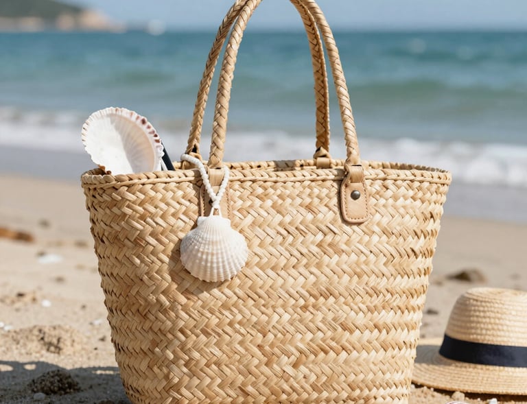 Elegant handmade bag resting on a wooden table with soft natural light highlighting its texture.
