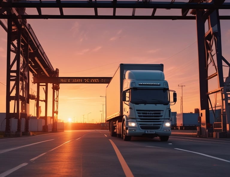 A red semi truck driving down a country road