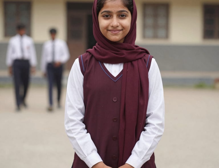 A young girl proudly wearing her new school uniform and shoes, standing outside her home.