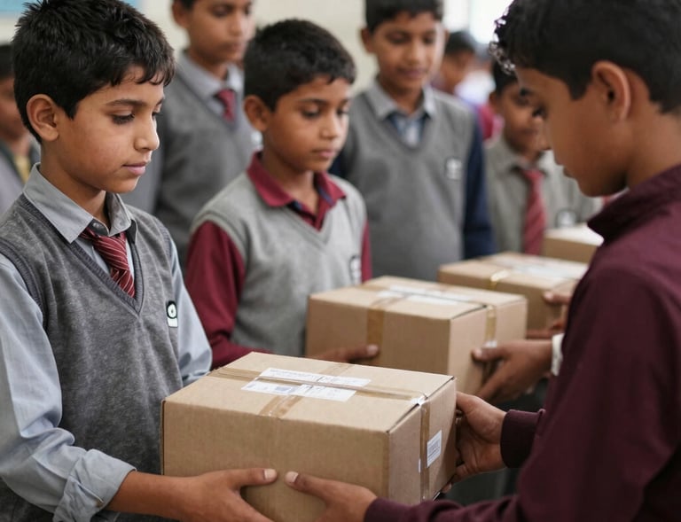 Volunteers distributing nutritious lunch boxes to eager students sitting in a school courtyard.
