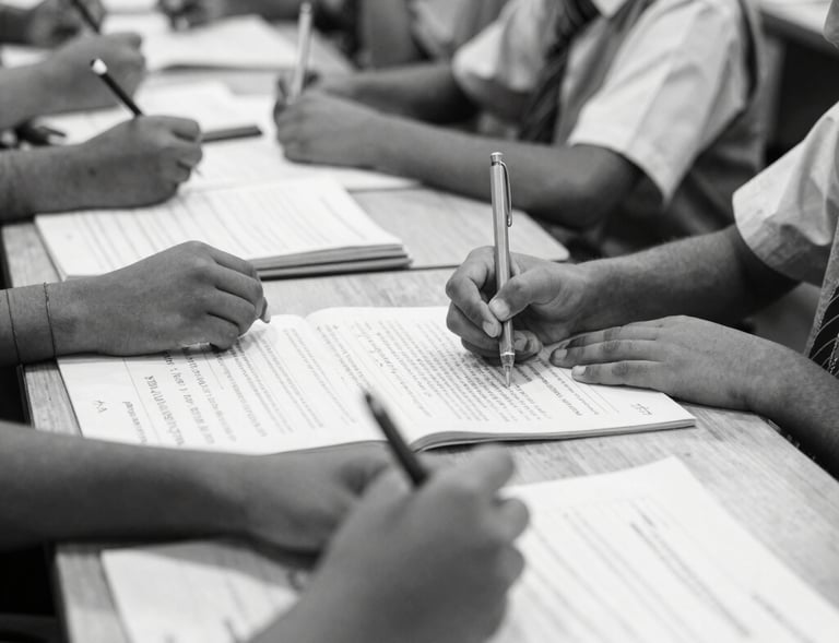 A classroom scene showing attentive students engaged in learning with their new course materials.