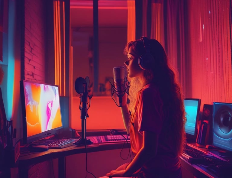 An industrial-style recording booth with black and gray tones and subtle neon purple highlights.