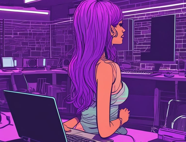 A moody, neon-lit studio space with music equipment glowing in purple and green accents.
