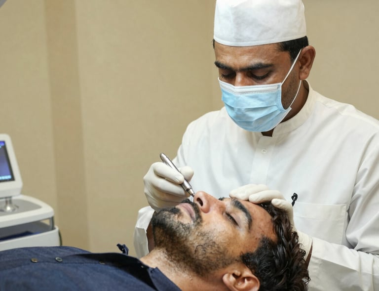 A relaxing scene of a Pakistani client enjoying a hydra facial treatment with calm, ambient lighting.