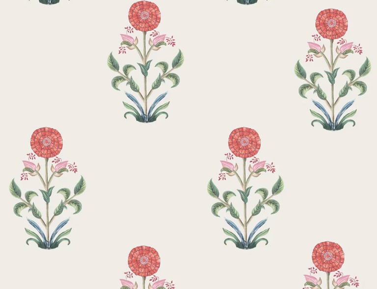 Elegante estampa floral em blocos com flores de calêndula e folhas, com fundo creme.