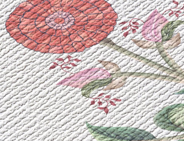 Elegante estampa floral em blocos com flores de calêndula e folhas, com fundo creme.