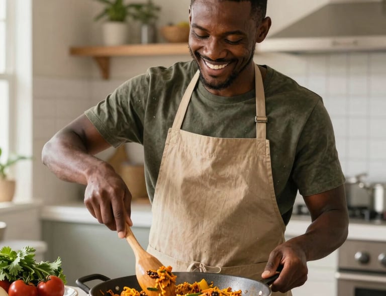 A warm, inviting scene of a home-cooked Caribbean meal infused with spices from our store.