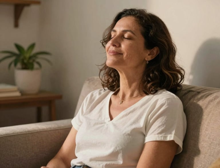 A cozy corner with a Brazilian woman in her 50s seated comfortably on a sofa, taking a deep breath with closed eyes, smiling softly in a peaceful home environment.