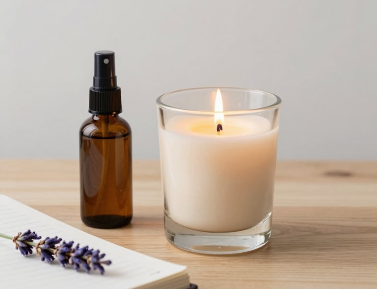 A tranquil bedside arrangement featuring a lit scented candle in a beige glass holder, a small spray bottle of lavender linen mist, and a notebook on a clean wooden surface.