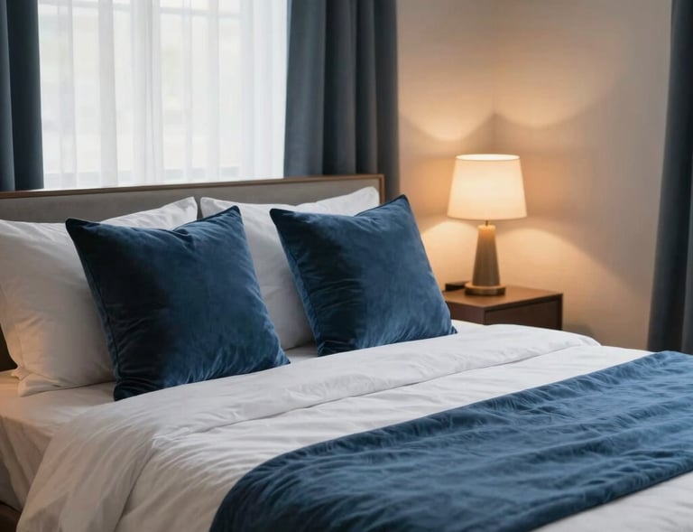 An organized, peaceful bedroom interior with soft white bedding, petrol blue throw pillows, warm bedside lights, and natural daylight coming through clean curtains.