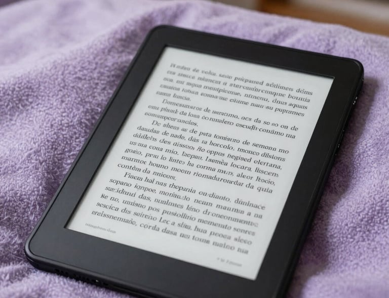 A close-up shot of an open digital book reader on a soft lavender wool blanket, showing clear Portuguese text on sleep hygiene habits. Soft ambient lighting in a Brazilian living room setting.