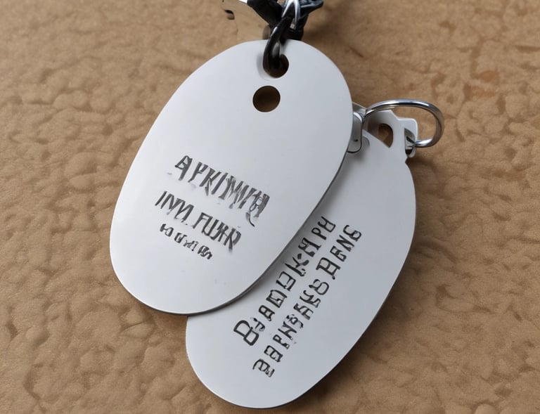 A close-up of a custom engraved metal dog tag with the yeagift logo against a rustic wood background.