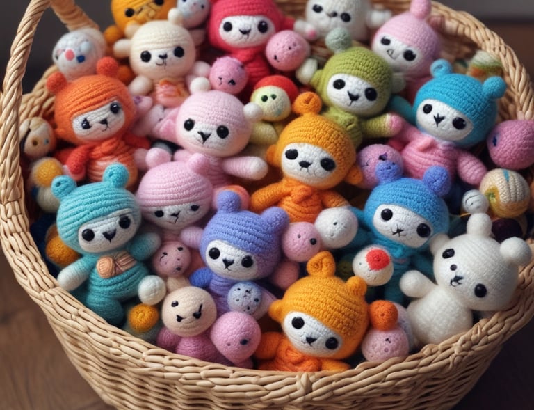 Colorful handmade amigurumi stuffed animals arranged on a wooden shelf.
