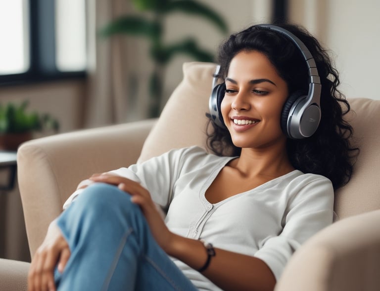 A calm client sitting comfortably with headphones during an online hypnotherapy session.