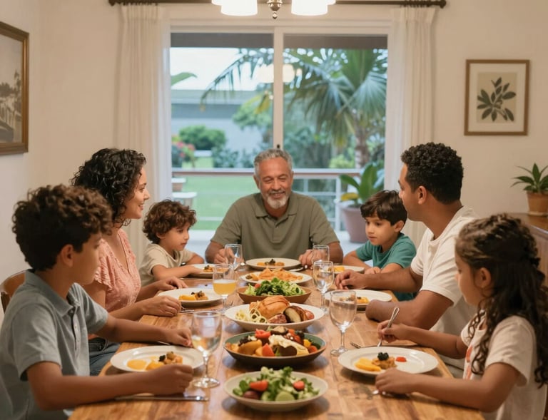 A family gathered around a table sharing a moment of faith and connection