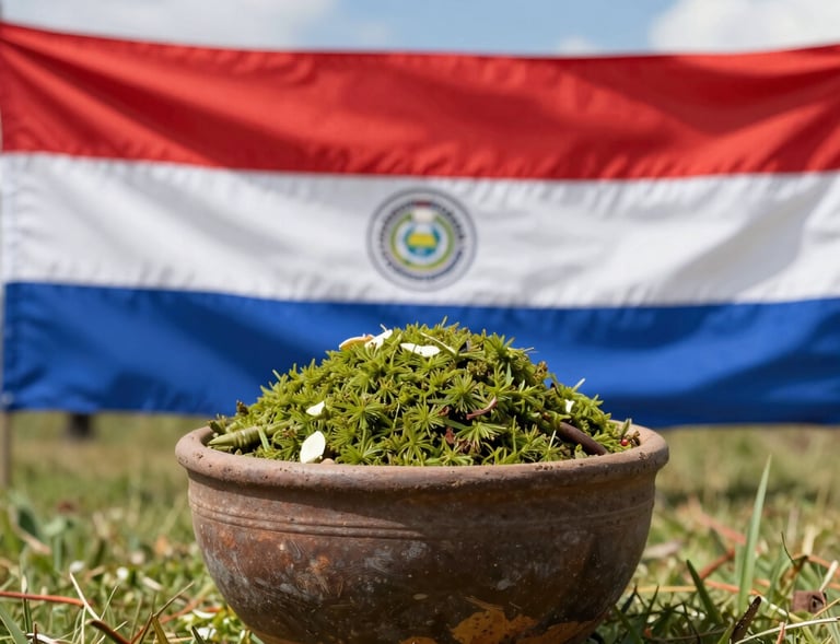 A rustic clay bowl filled with green yerba mate herbs in front of a Paraguayan flag.