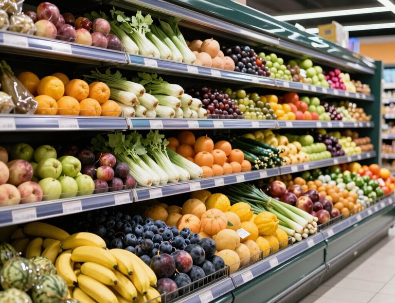 A busy retail chain aisle stocked with a variety of agricultural goods under bright lighting.