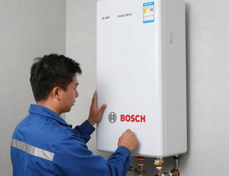 Technician repairing a Bosch gas stove in a cozy Bogotá kitchen