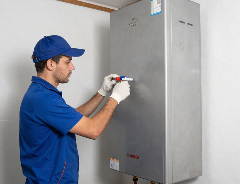 Bosch gas appliance parts neatly arranged on a workbench