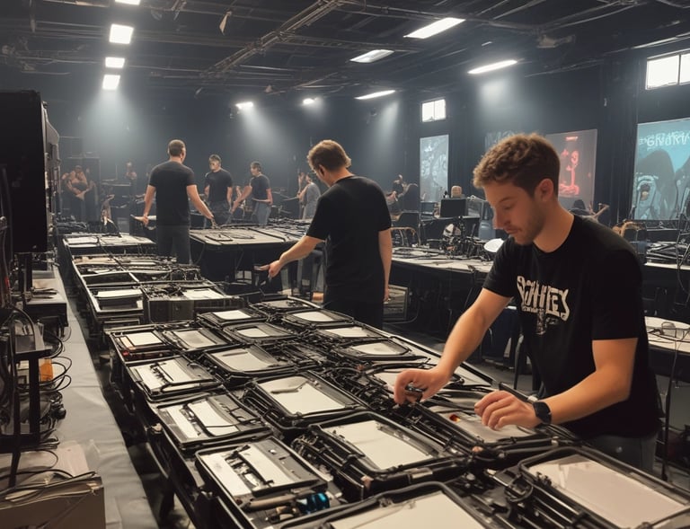 Technical crew adjusting lighting and sound equipment behind the scenes during a dinner show setup.