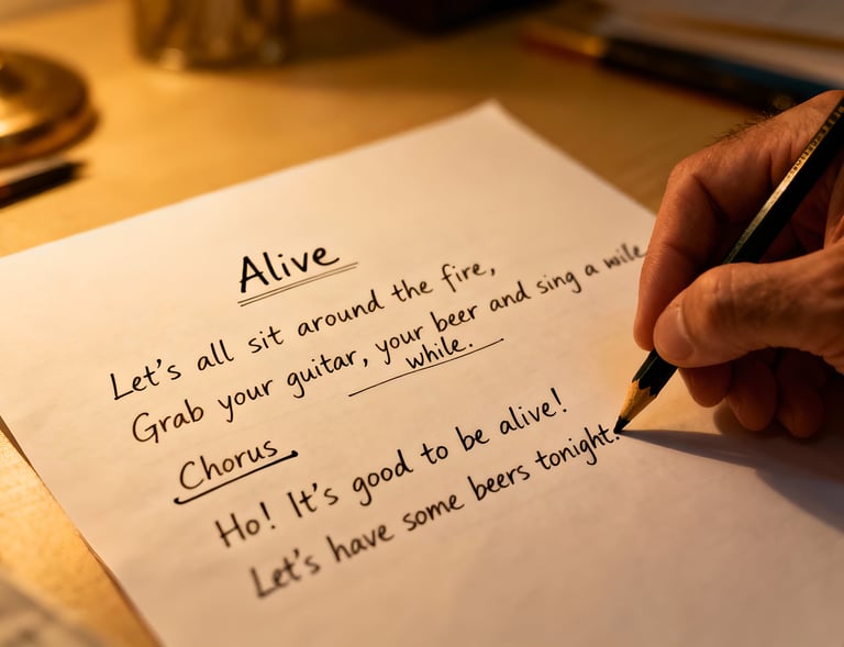 Brew writing a song on a piece of paper.