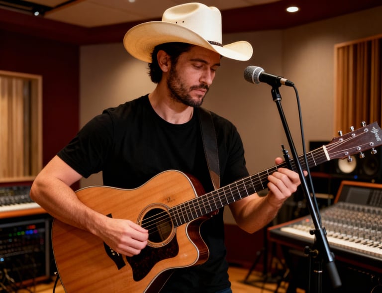 Brew playing guitar in a recording studio.