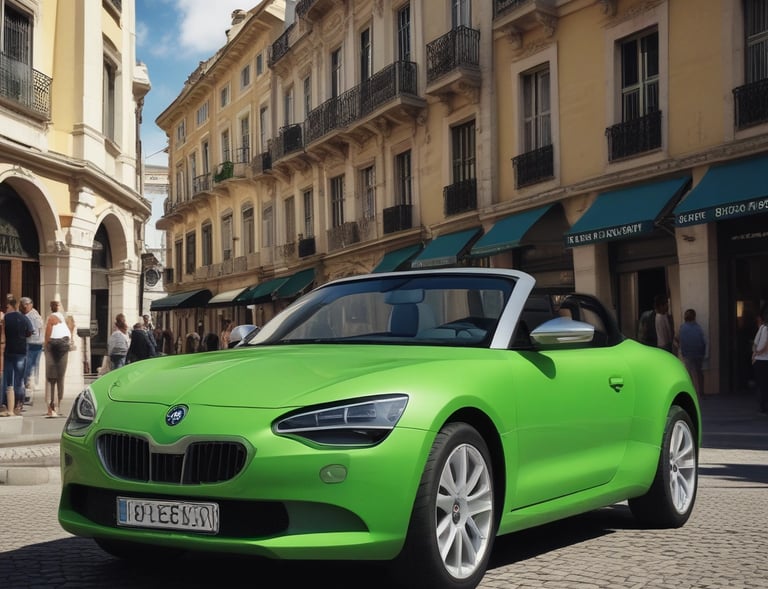 A vibrant green Škoda Fabia cruising through a lively city street.