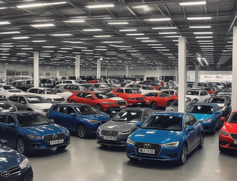 A lineup of various Škoda models gleaming under bright showroom lights.