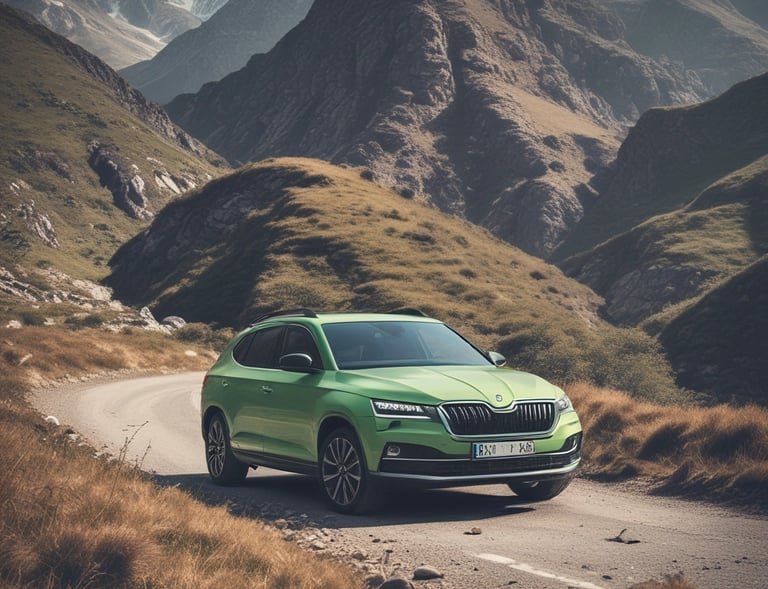 A Škoda Kodiaq navigating a rugged forest trail with autumn leaves around.